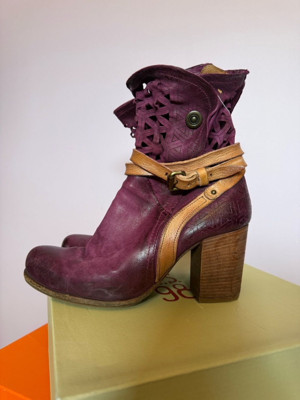 A.S.98 Plum Leather Ankle Boots with Tan Strap - Picture 4 of 5